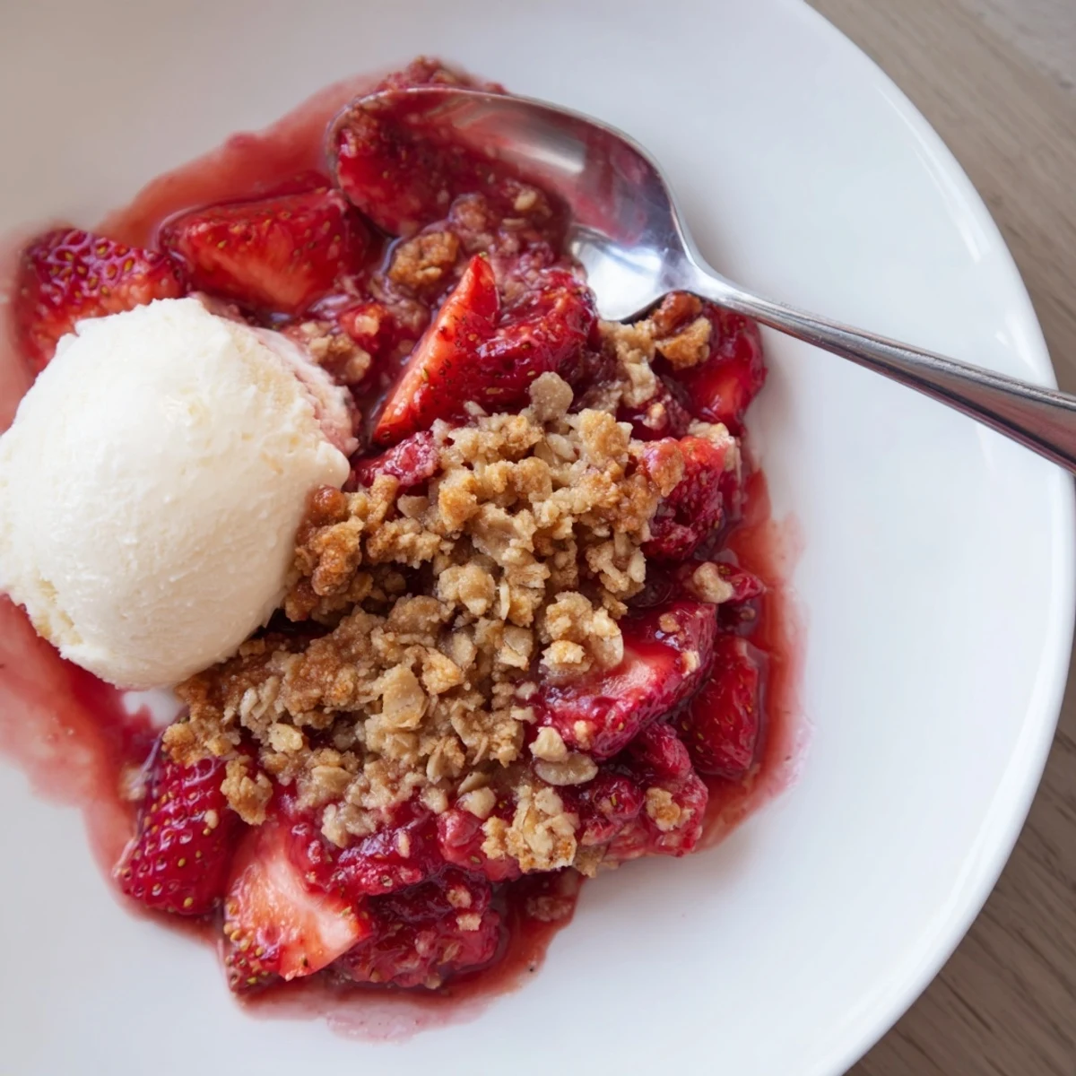 Cooling in a baking dish, Fresh Strawberry Crisp Recipe releases cinnamon butter aroma.