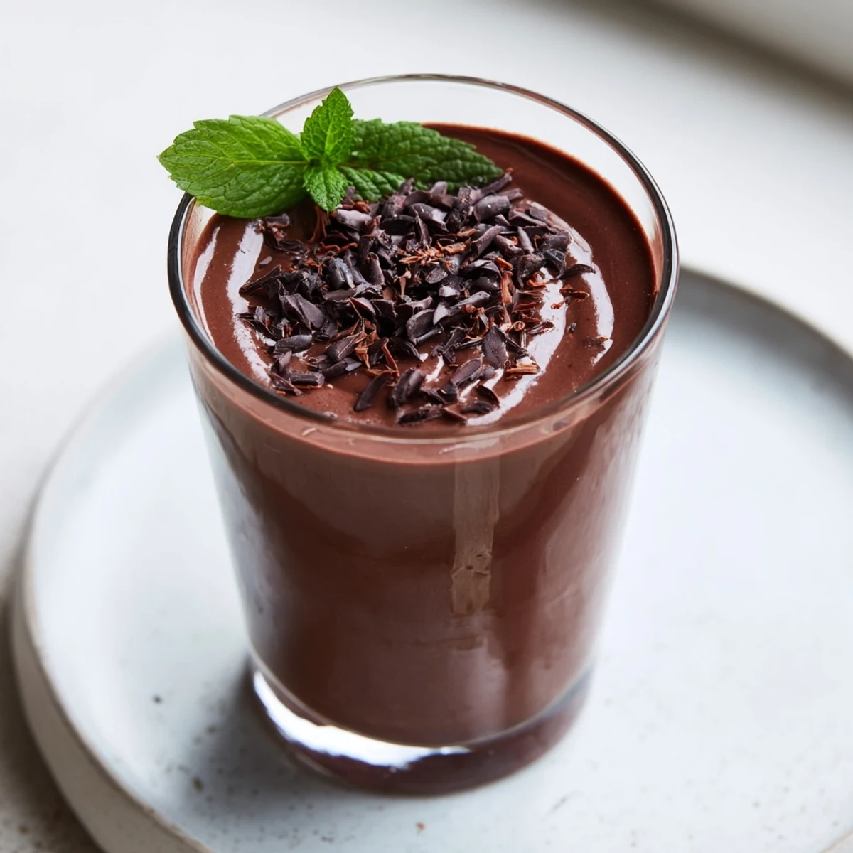 Chocolate Beet Smoothie poured into glass, creamy pink-brown, garnished with mint