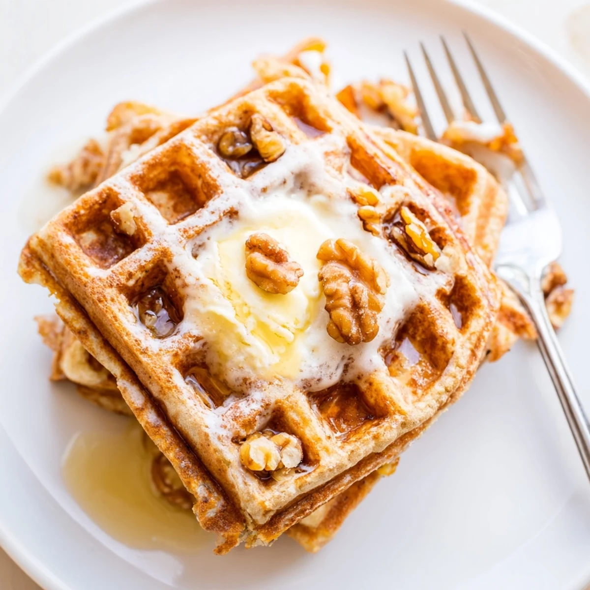 Carrot Cake Waffles with cream cheese glaze, fluffy, spiced, golden-brown stack
