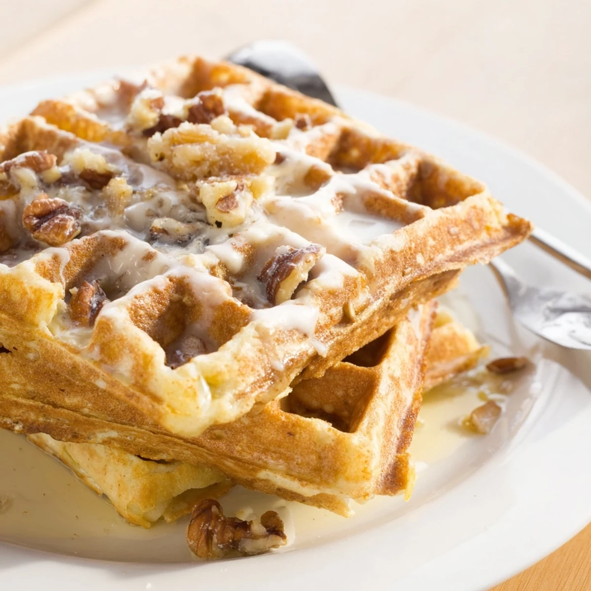 Warm Carrot Cake Waffles topped with maple syrup and chopped pecans