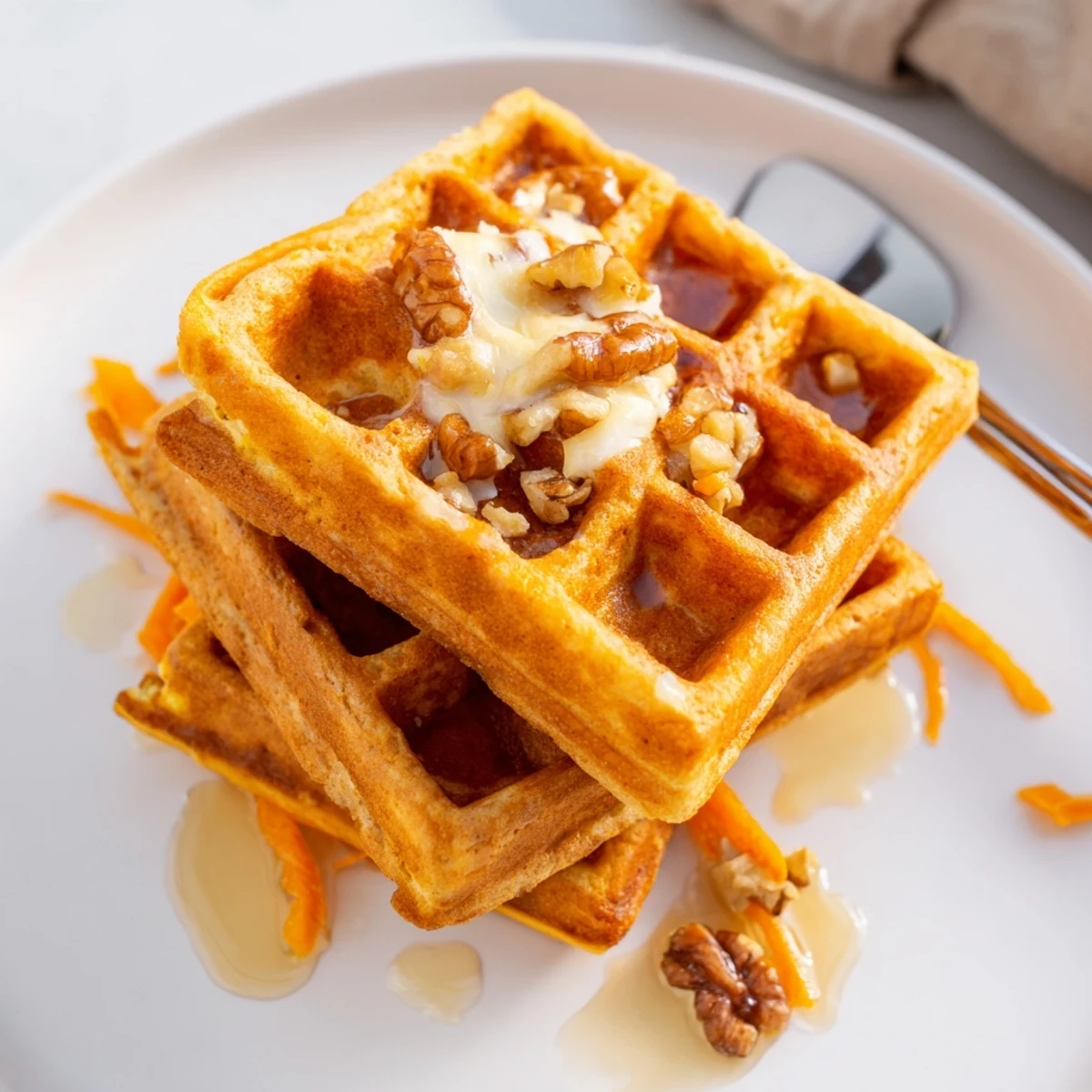 Plate of Carrot Cake Waffles showing grated carrots, crisp edges, cinnamon aroma