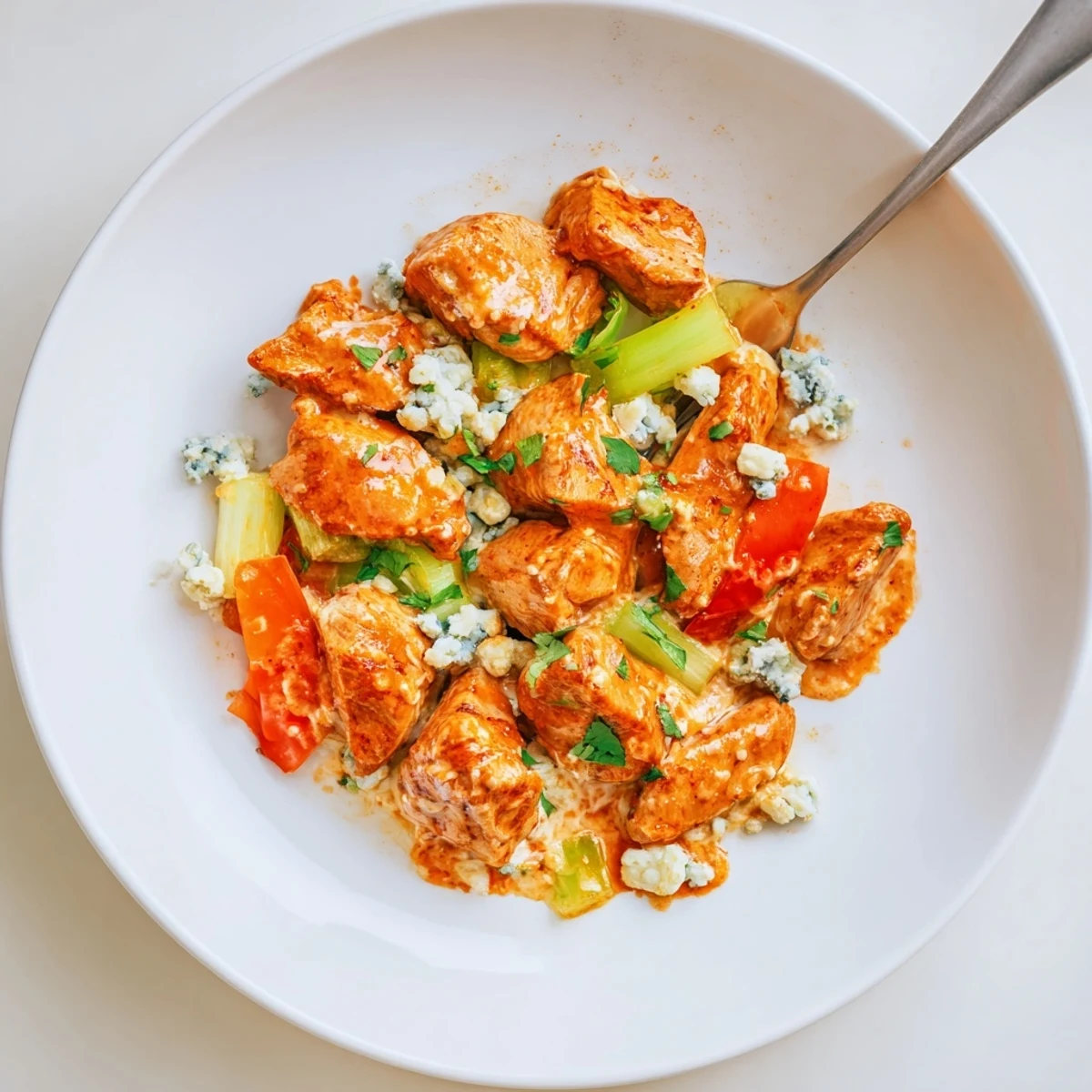 Keto Buffalo Chicken Skillet served hot over cauliflower rice, creamy spicy finish