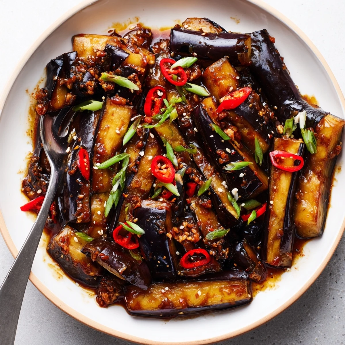Warm Sichuan Style Braised Aubergines served over jasmine rice, aromatic and tender
