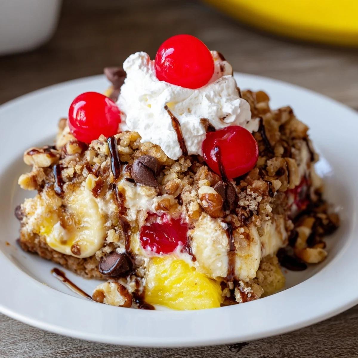 Warm Banana Split Dump Cake bubbling with pineapple, cherries, and melting chocolate.