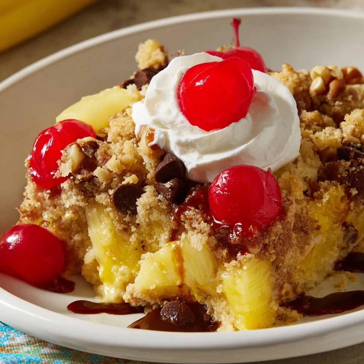 Golden Banana Split Dump Cake cooling in a 9x13 pan, nut-speckled.