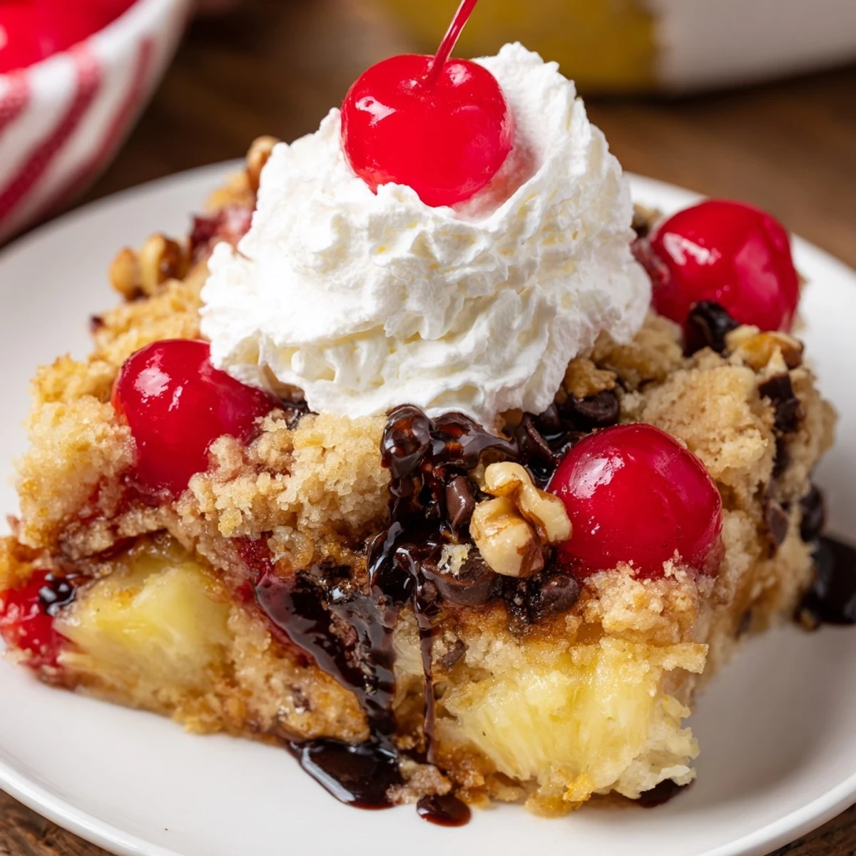 Generous slice of Banana Split Dump Cake topped with whipped cream and a cherry.