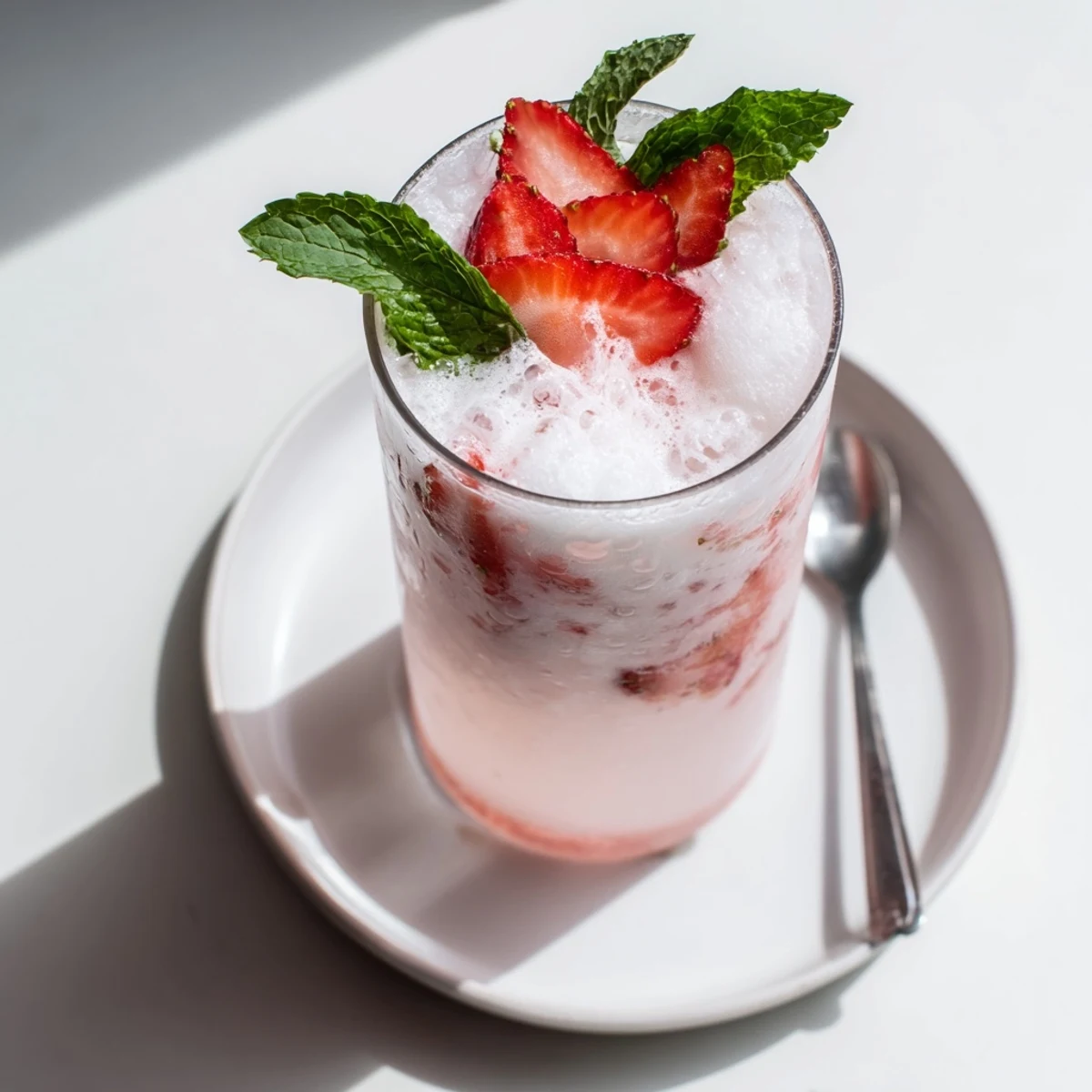 Chilled Strawberry Coconut Cooler Recipe with frothy texture, mint garnish, vibrant pink
