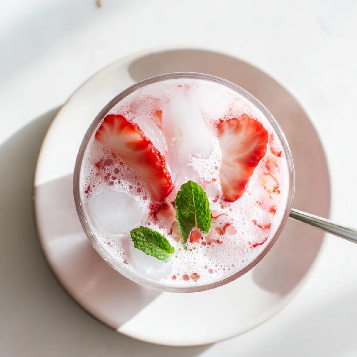 Creamy Strawberry Coconut Cooler Recipe blended with lime, ice, and fresh mint