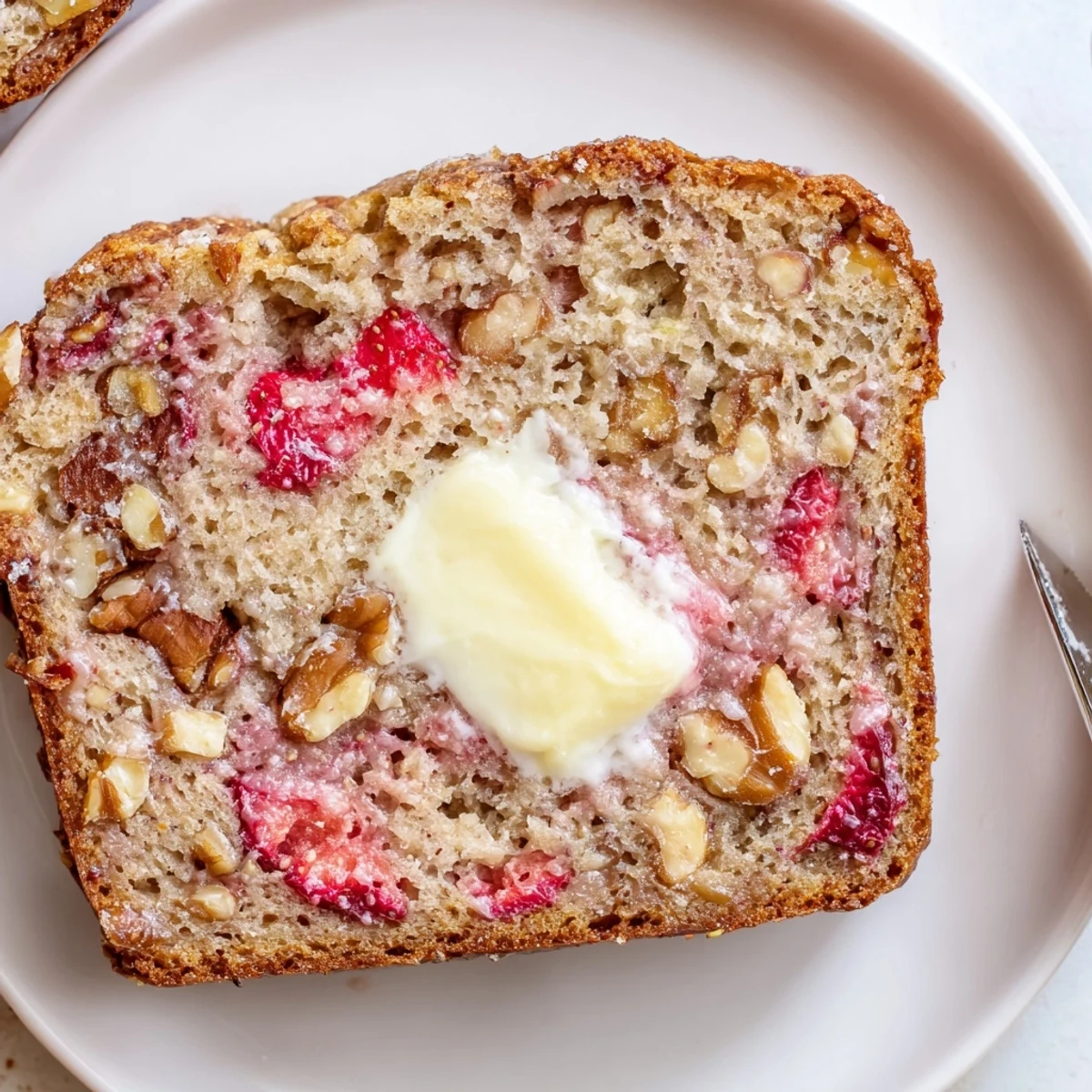 Strawberry Banana Bread Recipe: warm sliced loaf with juicy berries and banana aroma