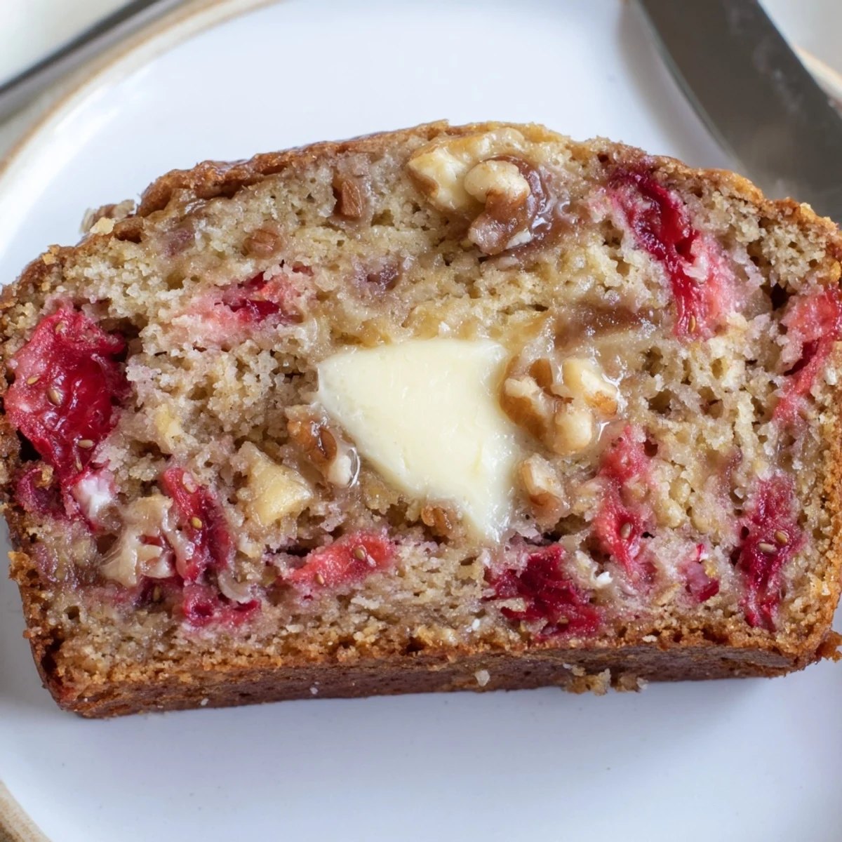 A slice of Strawberry Banana Bread Recipe resting on plate, buttery steam rising