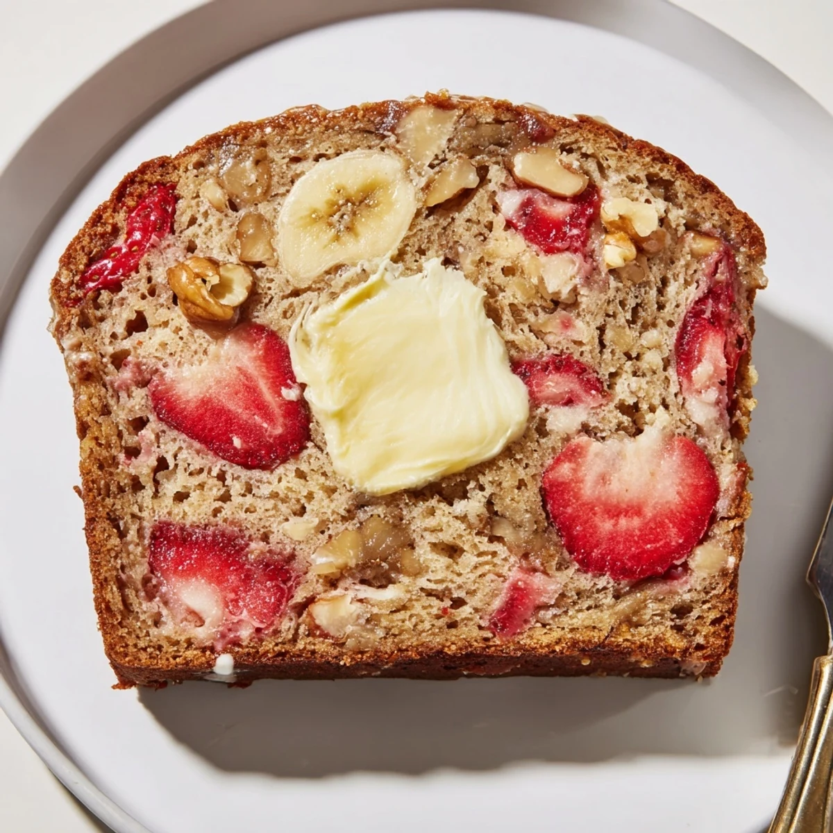 Homestyle Strawberry Banana Bread Recipe studded with chopped strawberries, tender crumb, served warm