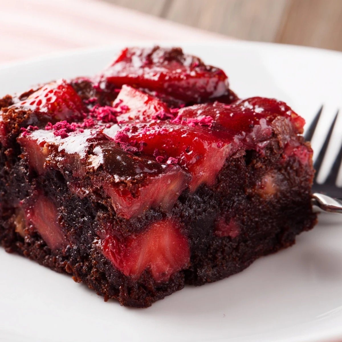 Strawberry Brownies topped with glossy strawberry glaze, fudgy center, powdered sugar.