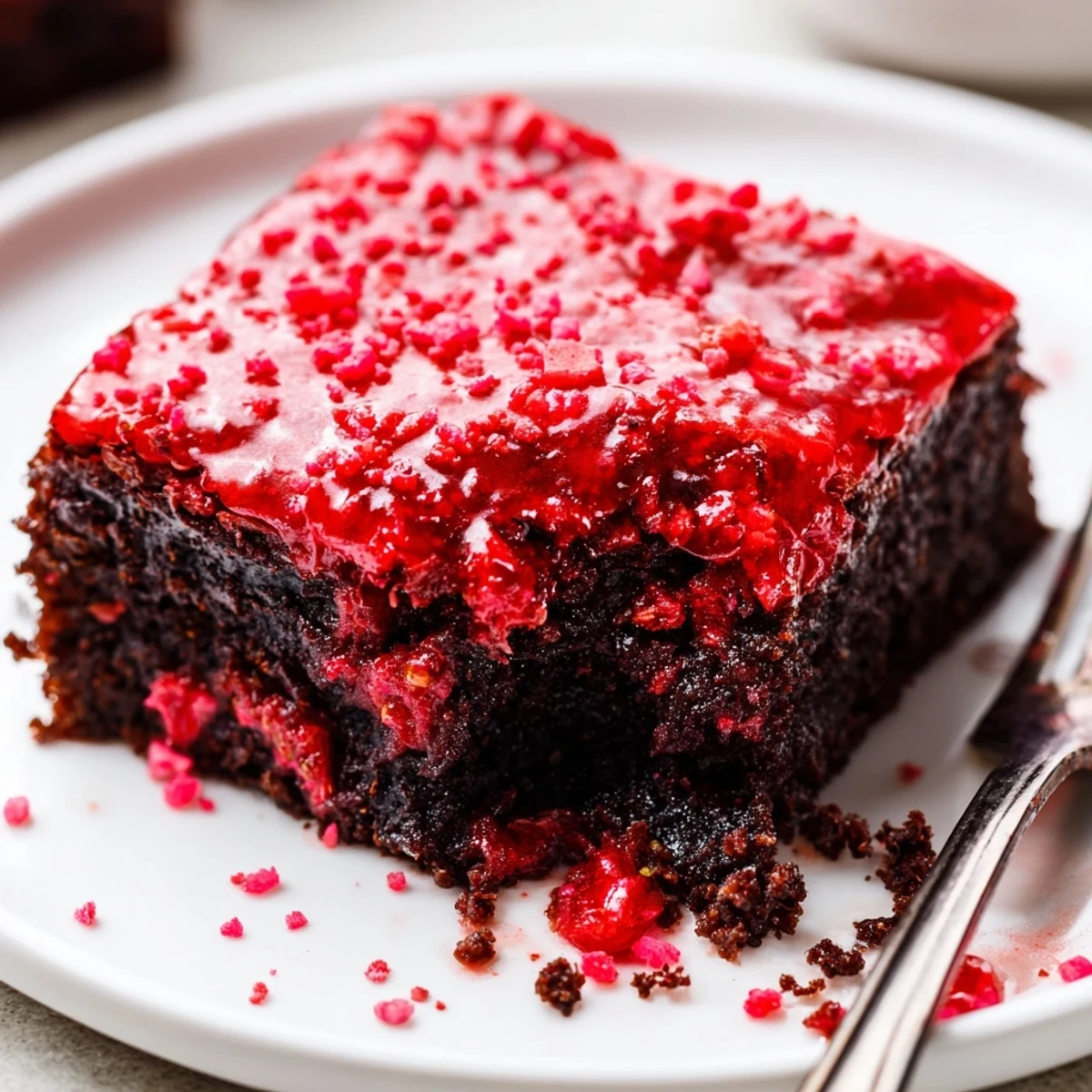 Warm Strawberry Brownies cooling in an 8x8 pan, aroma of fresh strawberries.
