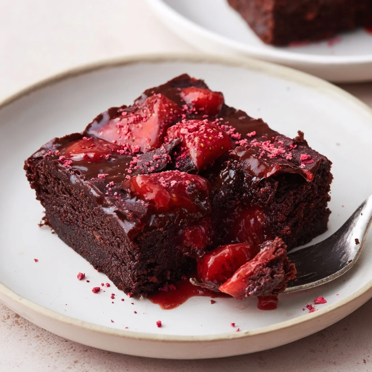 Single slice of Strawberry Brownies served with whipped cream and fresh berries.