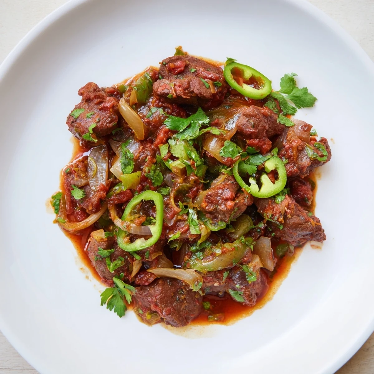 Savory Kenyan goat wet fry features juicy spiced meat pieces in glossy red curry sauce perfect over ugali