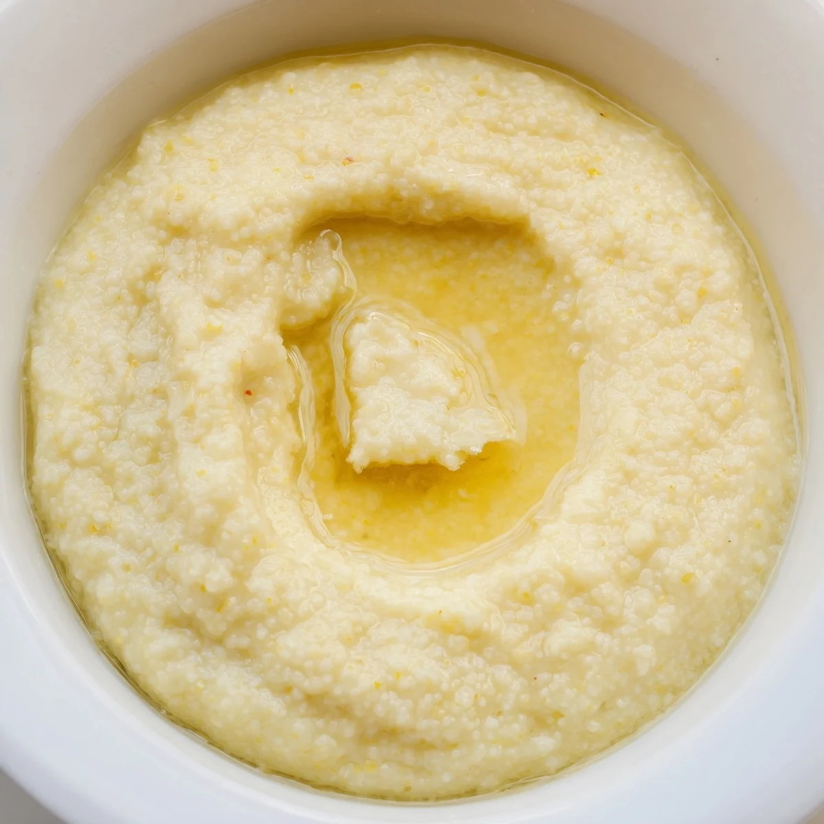 Creamy maize porridge served in a white bowl with a wooden spoon and drizzled golden honey