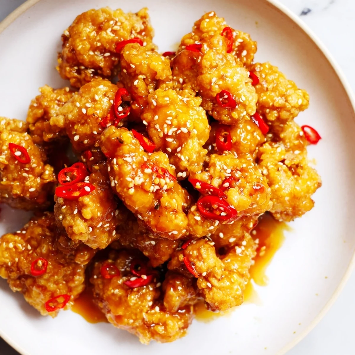 Crispy fried orange chicken tossed in tangy glaze with sesame seeds and fresh scallions