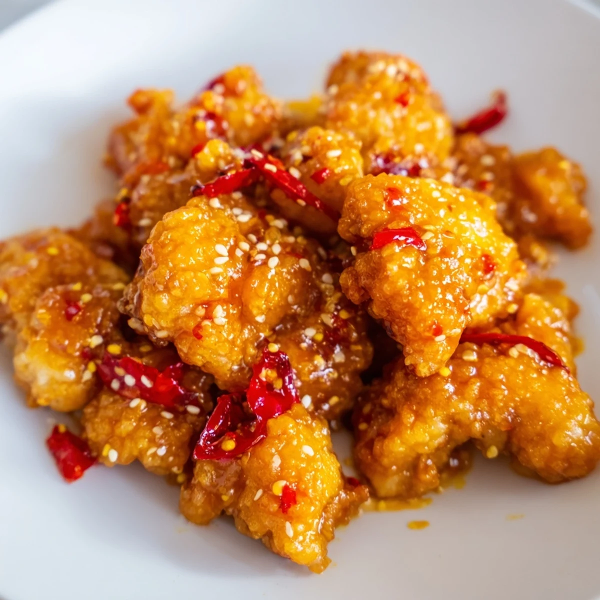 Golden orange chicken pieces coated in glossy sweet citrus sauce garnished with green onions