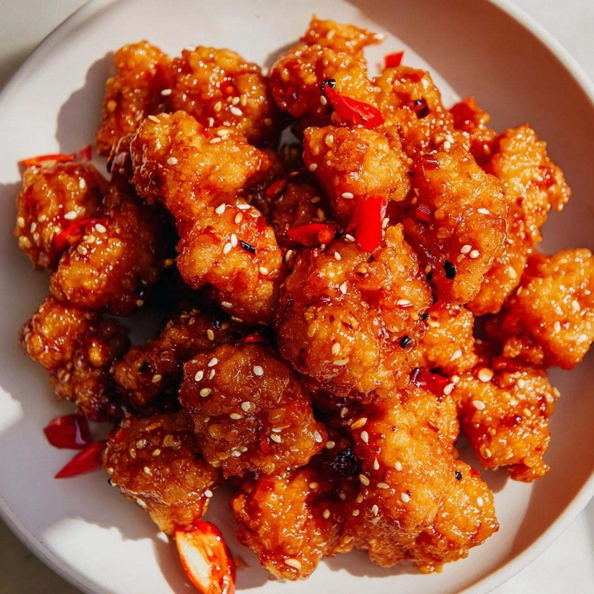 Chinese-American orange chicken drizzled with thick orange sauce over steamed white rice