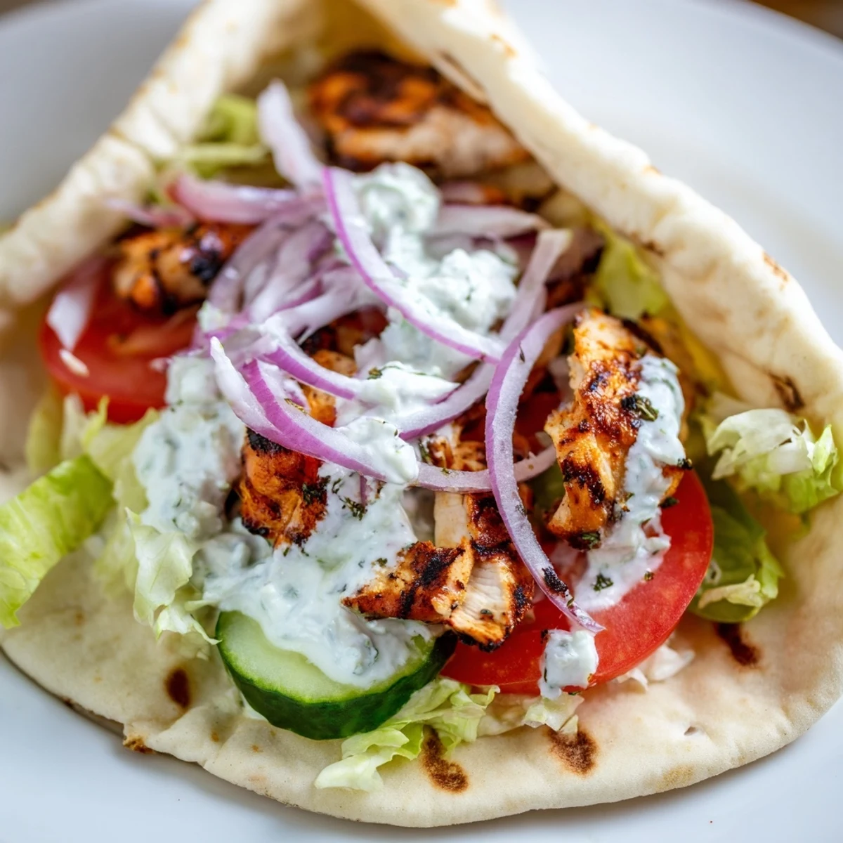 Golden Greek grilled chicken pita wrapped in warm bread with crisp vegetables and creamy tzatziki sauce