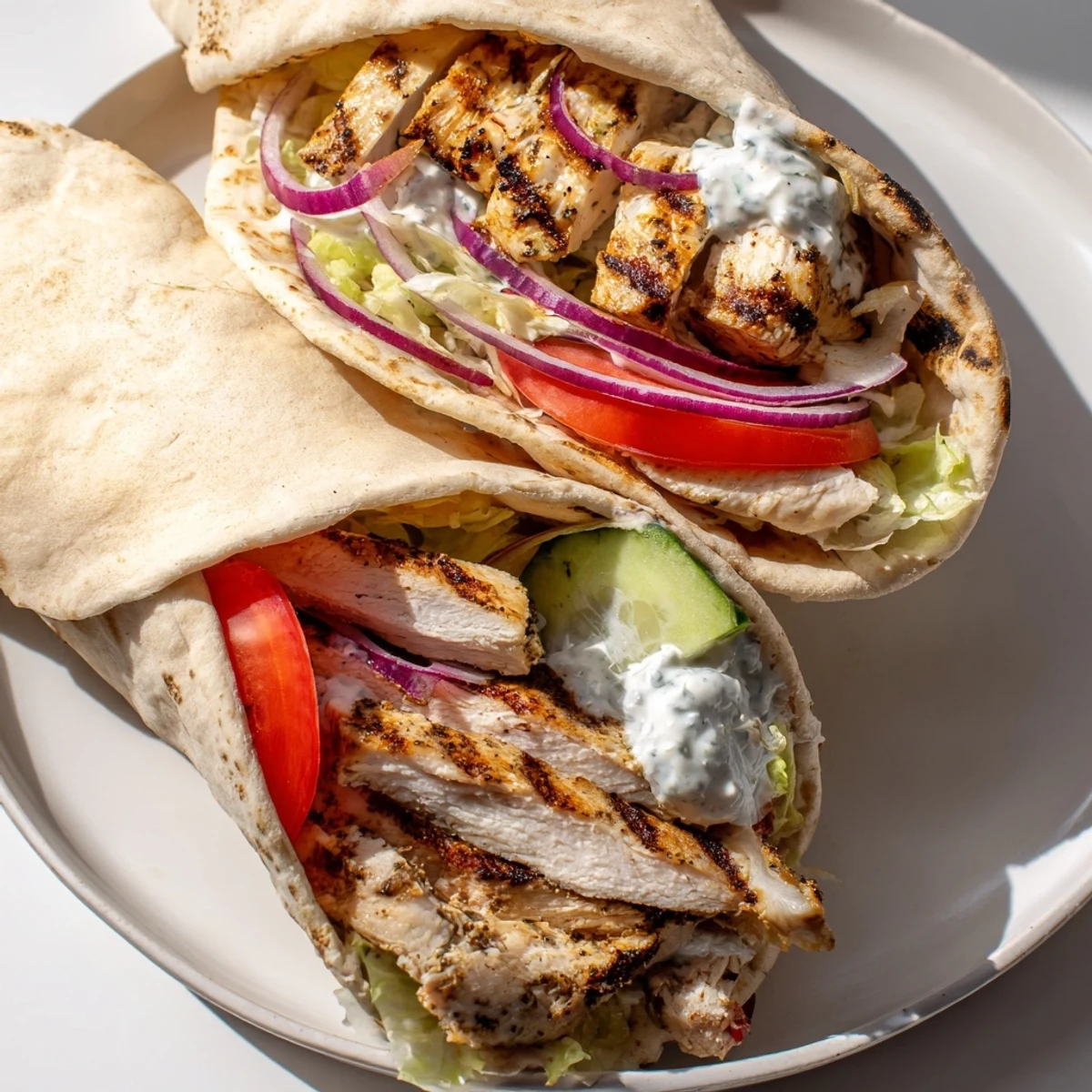 Mediterranean-style Greek grilled chicken pita stuffed with juicy marinated meat, fresh tomatoes, and cool cucumber slices