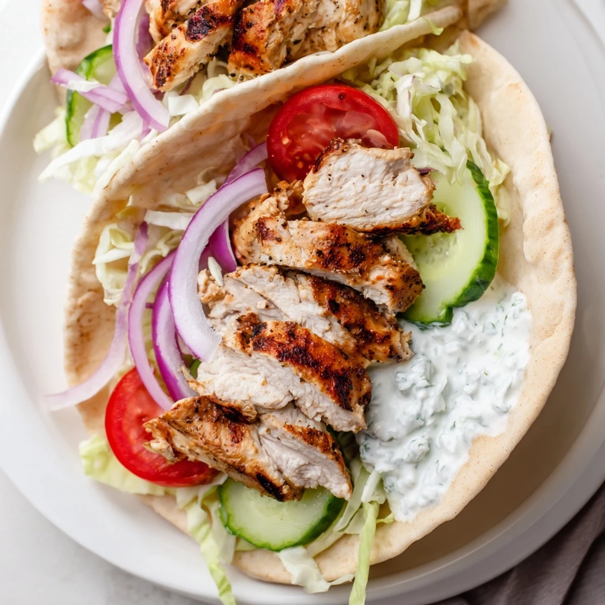 Homemade Greek grilled chicken pita featuring charred seasoned chicken breast topped with tangy tzatziki and red onion