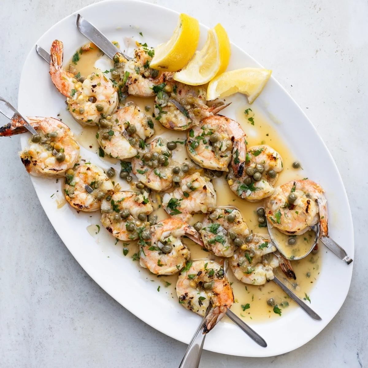Golden grilled shrimp piccata skewers brushed with zesty buttery lemon caper sauce