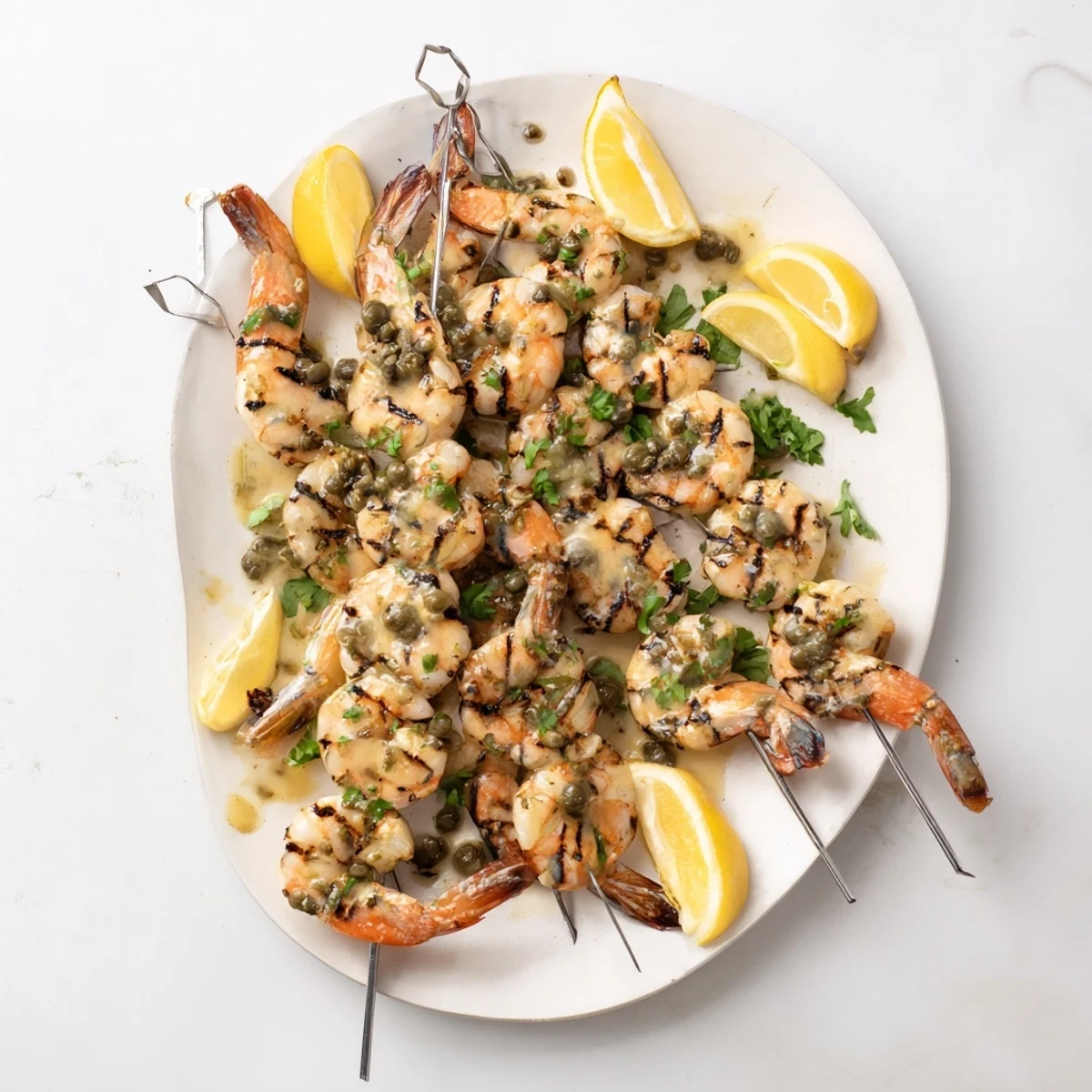 Charred shrimp threaded on skewers drizzled with vibrant Italian piccata glaze and fresh parsley
