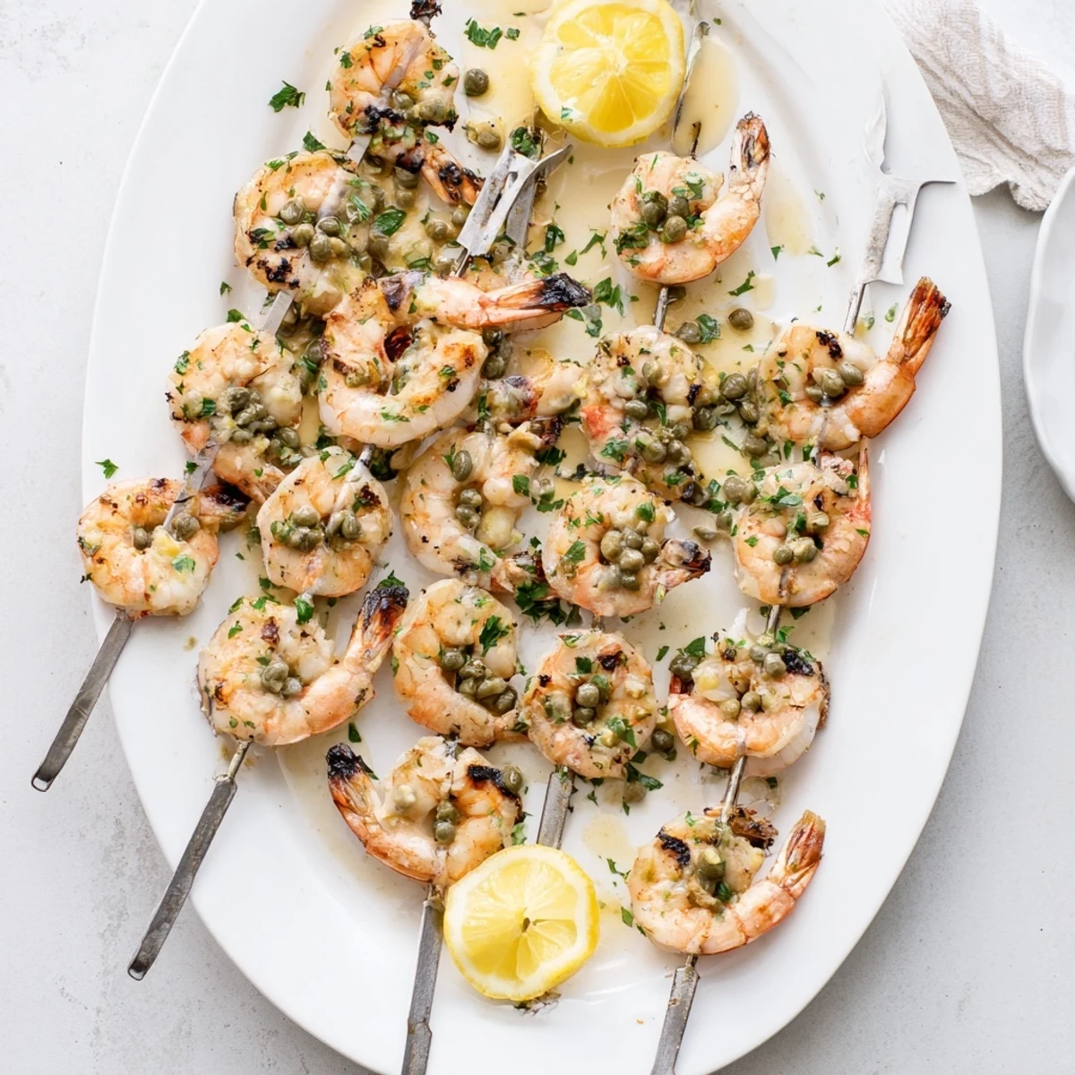Juicy grilled shrimp piccata skewers plated with lemon wedges and herb butter sauce