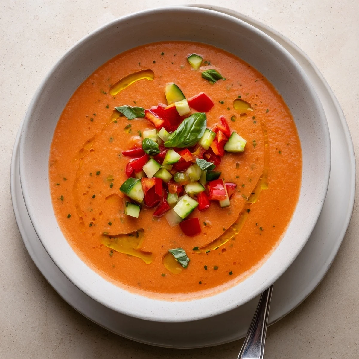 Chilled gazpacho soup with vibrant diced vegetable garnish and olive oil drizzle in white bowl