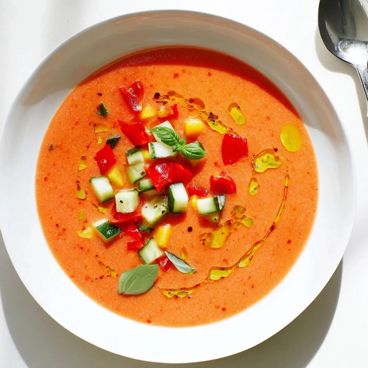 Fresh blended gazpacho recipe featuring ripe tomatoes cucumbers peppers served cold for summer