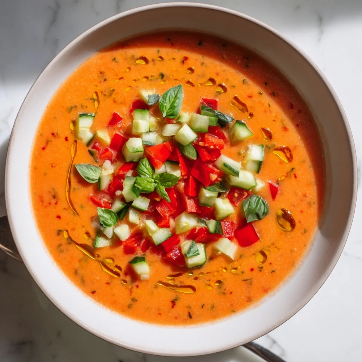 Bowl of traditional Spanish gazpacho soup topped with colorful vegetables and fresh herbs on rustic table