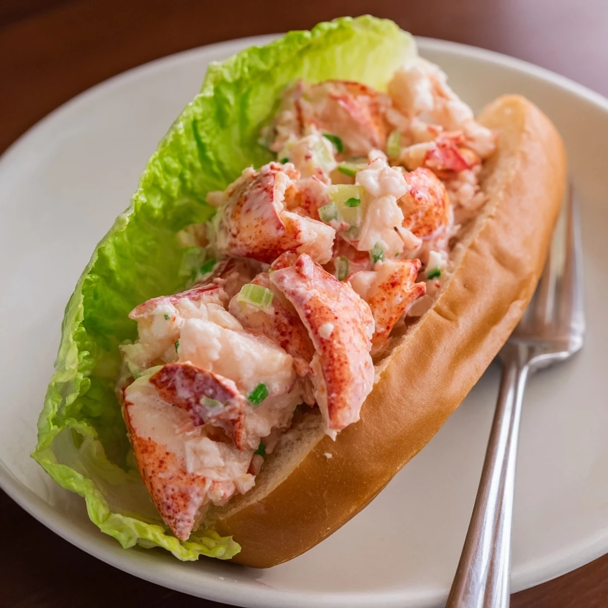 Fresh lobster salad with tender chunks nestled inside crispy New England style roll on wooden board