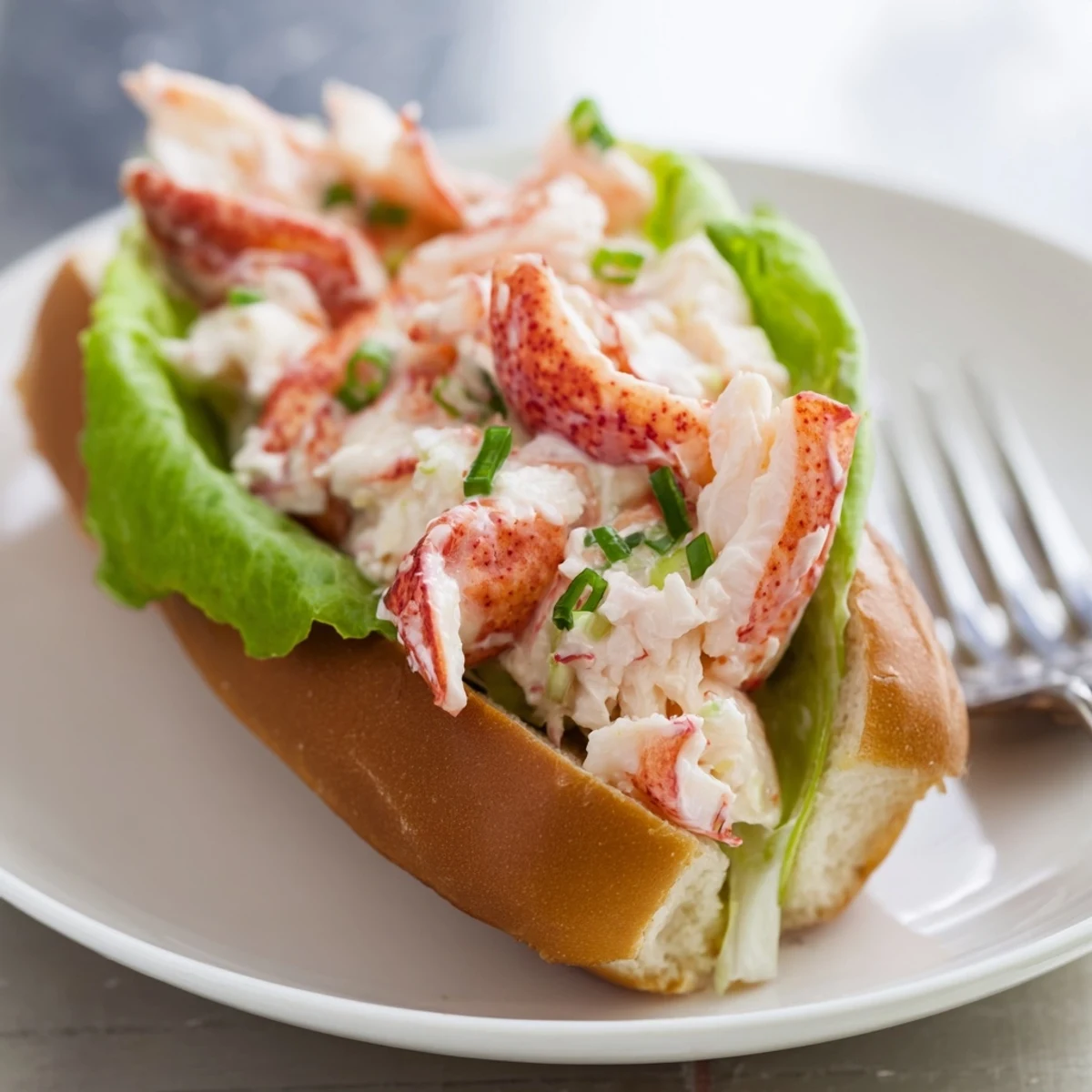 Classic Maine style lobster roll featuring juicy seafood filling in warm butter grilled bun with lemon wedge