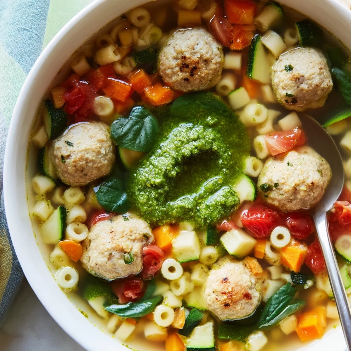 Steaming bowl of summer pesto mini meatball soup garnished with fresh basil and grated parmesan