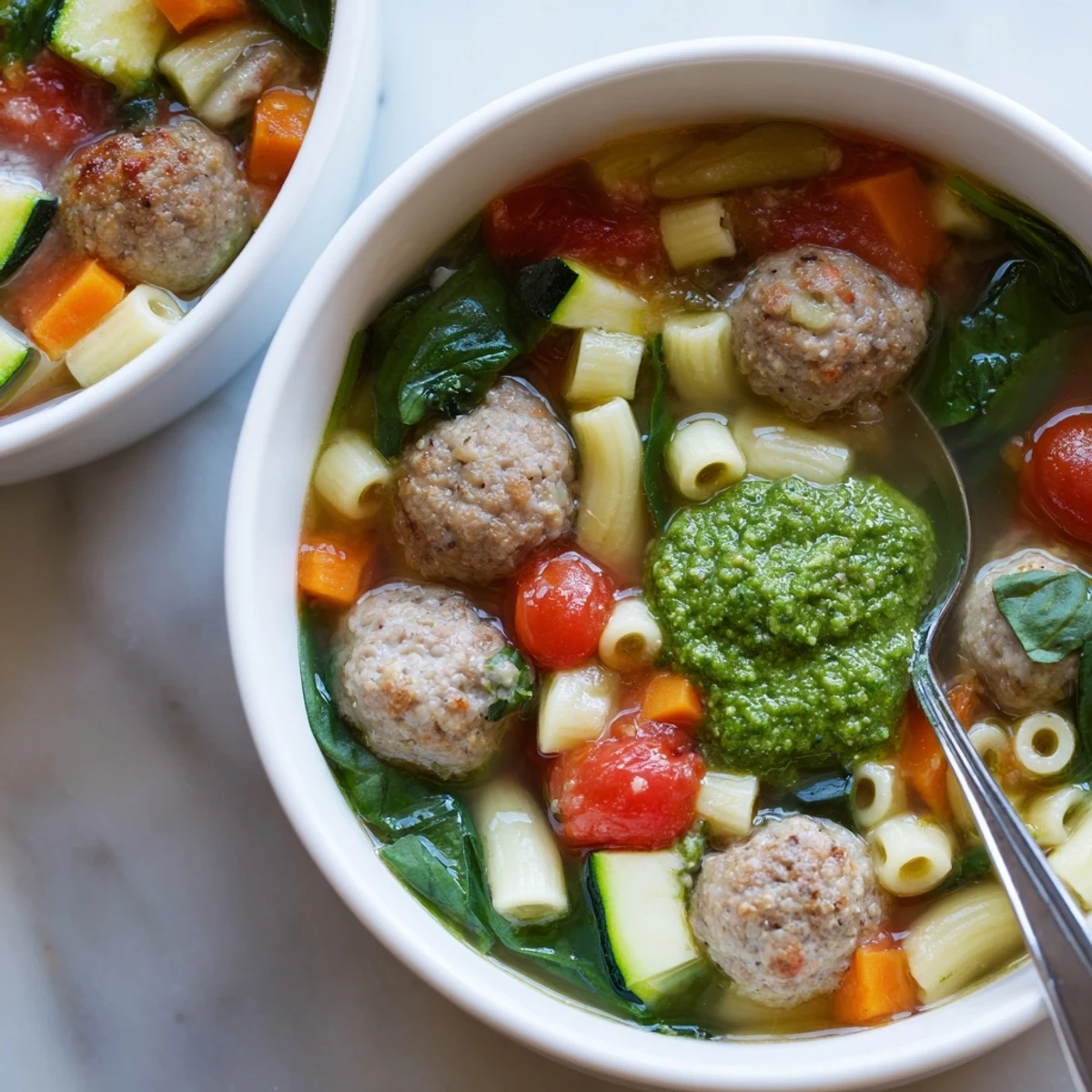 Hearty Italian soup featuring tender mini meatballs floating in vegetable broth with vibrant green pesto swirl