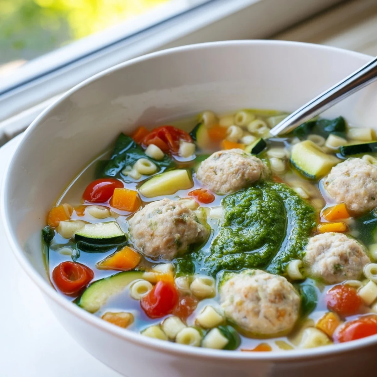 Light summer soup bowl packed with chicken meatballs, zucchini, cherry tomatoes and dollop of basil pesto