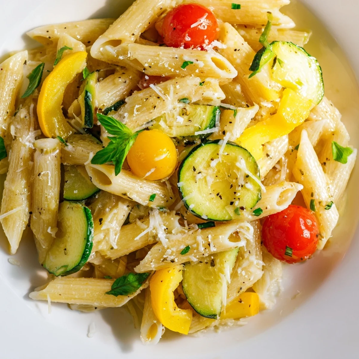 Golden summer squash pasta skillet featuring tender vegetables and fresh basil in a light olive oil sauce
