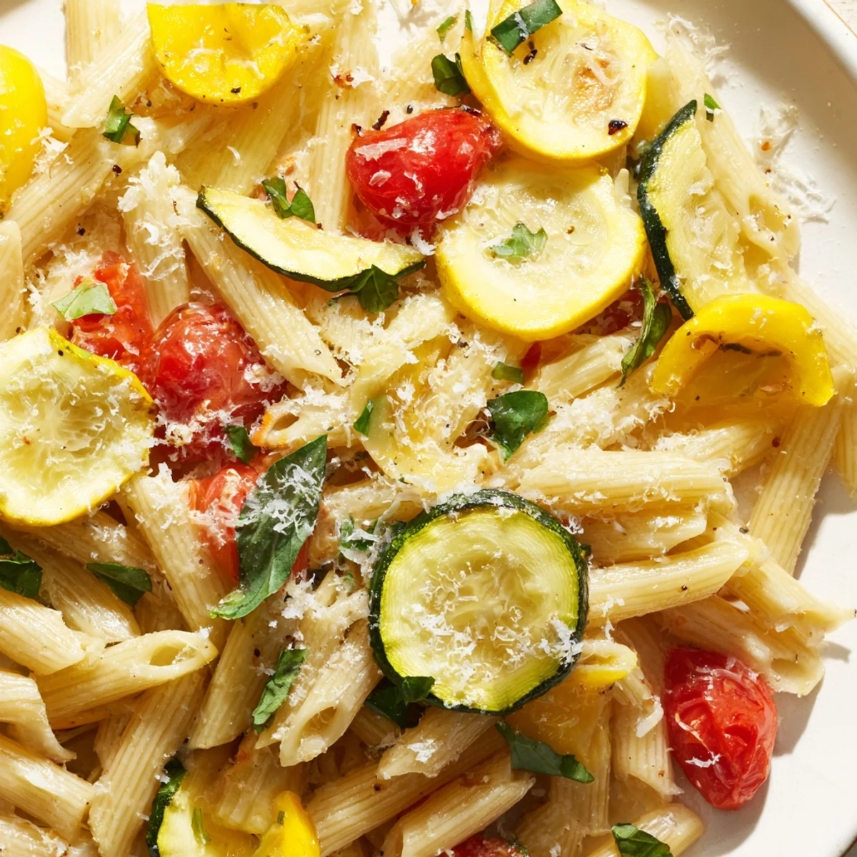 Vibrant one-pot summer squash pasta with cherry tomatoes, garlic, and grated Parmesan cheese topping