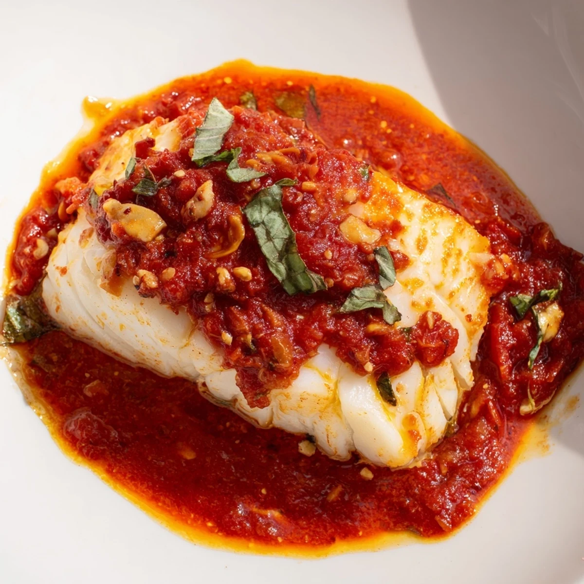 Golden halibut fillets poached in vibrant tomato-butter sauce with fresh basil garnish on a white plate
