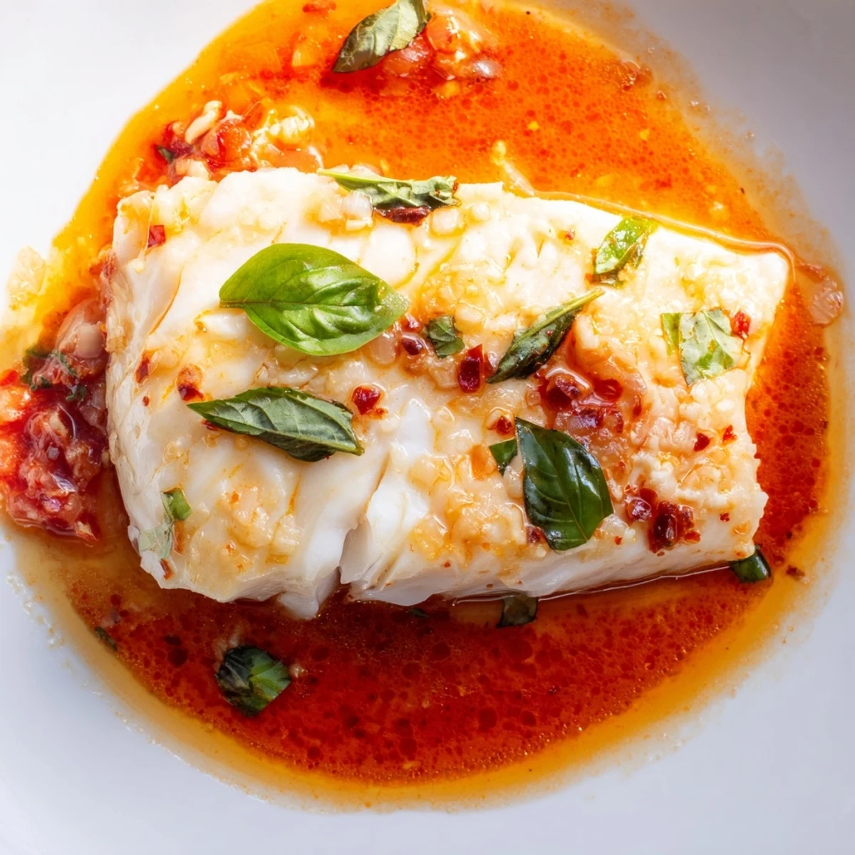 Succulent Grill Poached Tomato Butter Halibut with grilled marks served alongside lemon wedges and green herbs