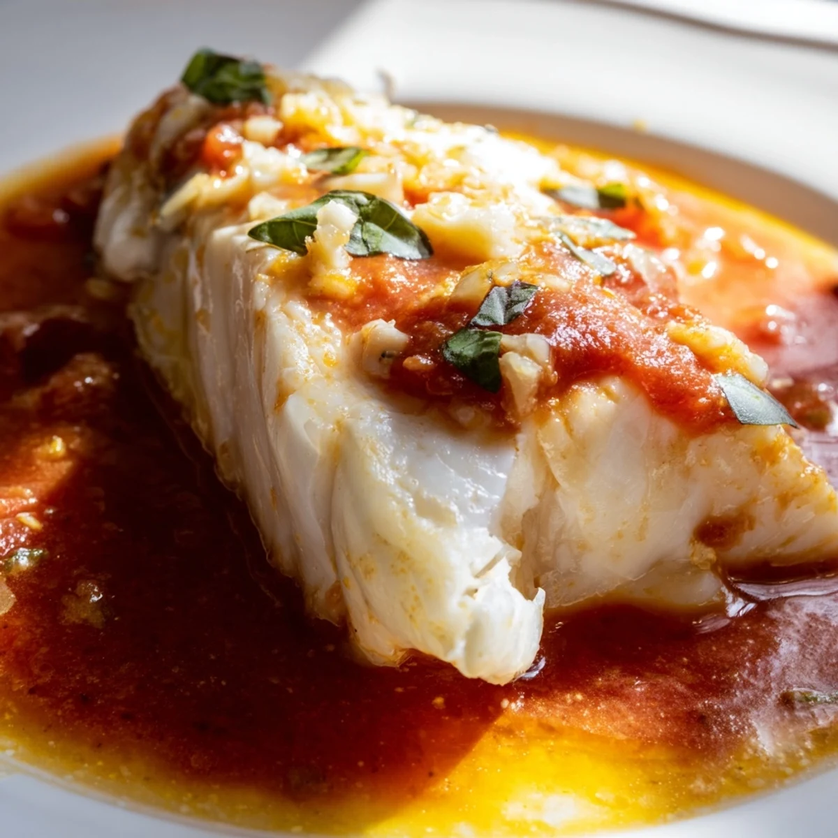 Flaky white halibut swimming in silky red tomato sauce finished with smoky grill char and basil