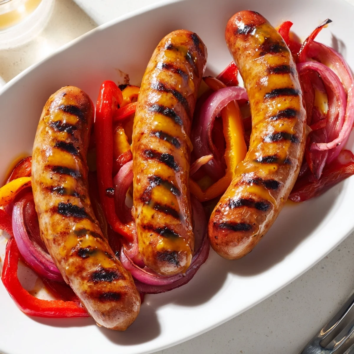 Golden grilled BBQ beef sausage with colorful peppers and caramelized onions topped with tangy mustard glaze