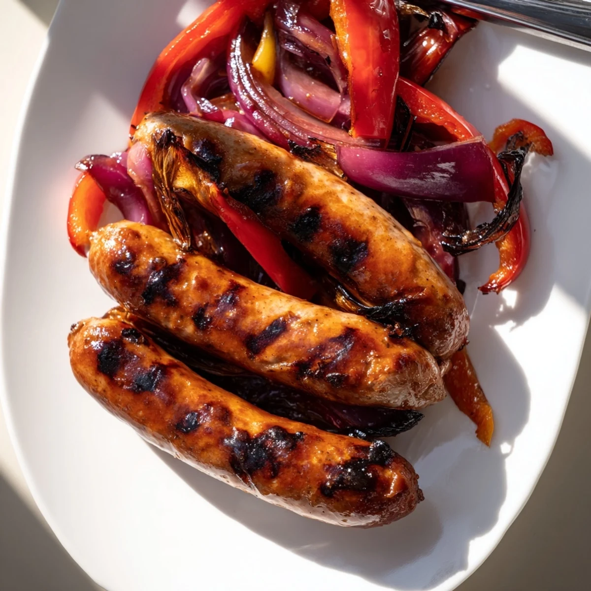 Juicy beef sausages grilled to perfection served alongside sweet charred peppers and savory onions drizzled with honey mustard