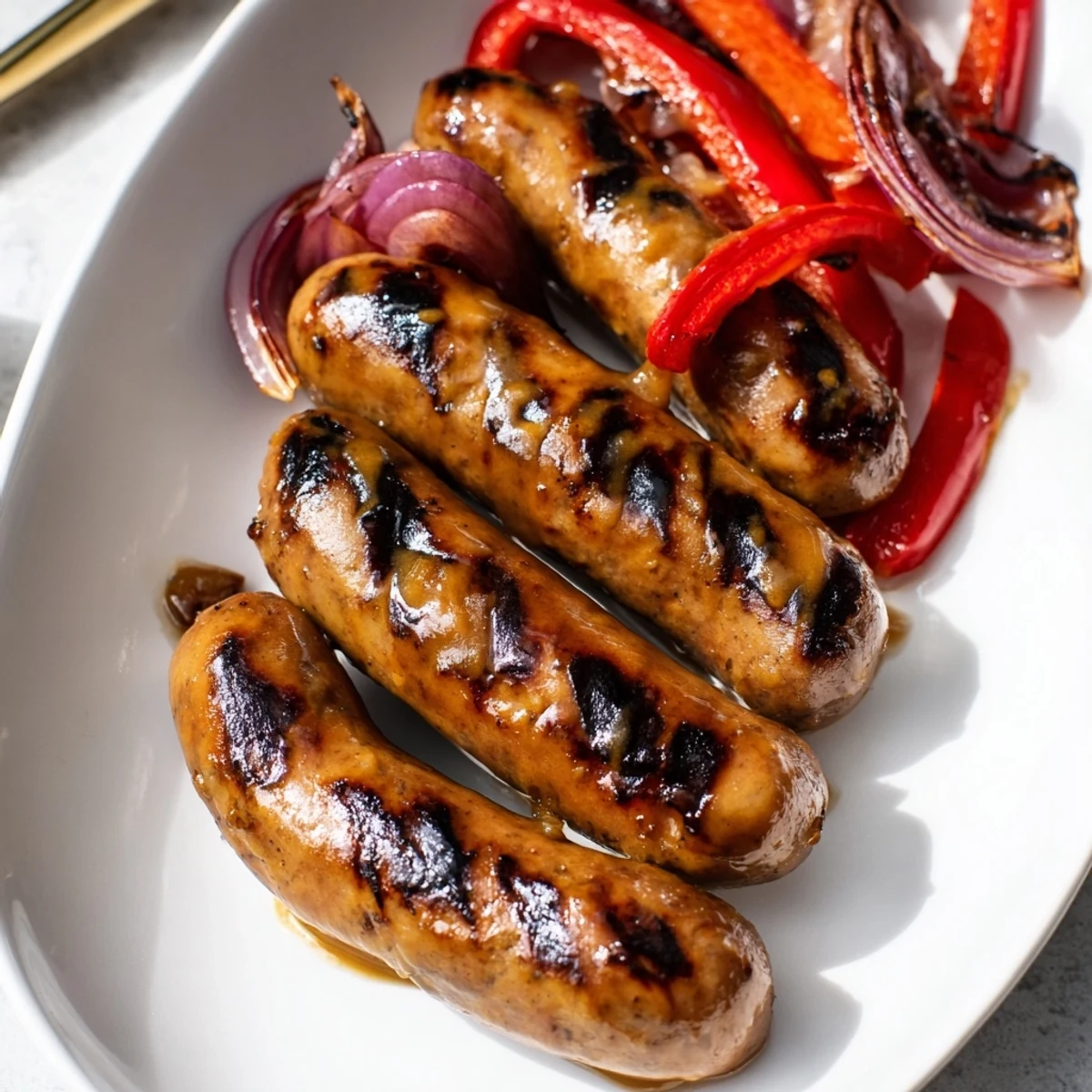 Plate of BBQ beef sausage with grilled vegetables finished with a sweet and tangy mustard honey glaze