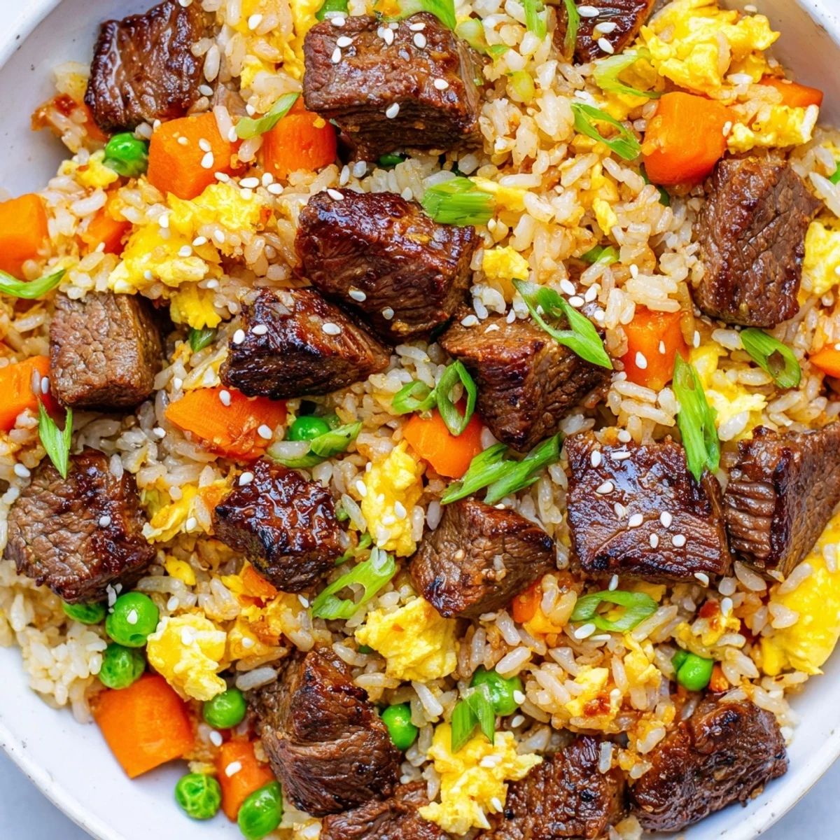 Golden fried rice with marinated steak strips and vibrant peas, carrots, green onions, perfectly seared on a Blackstone flat top.