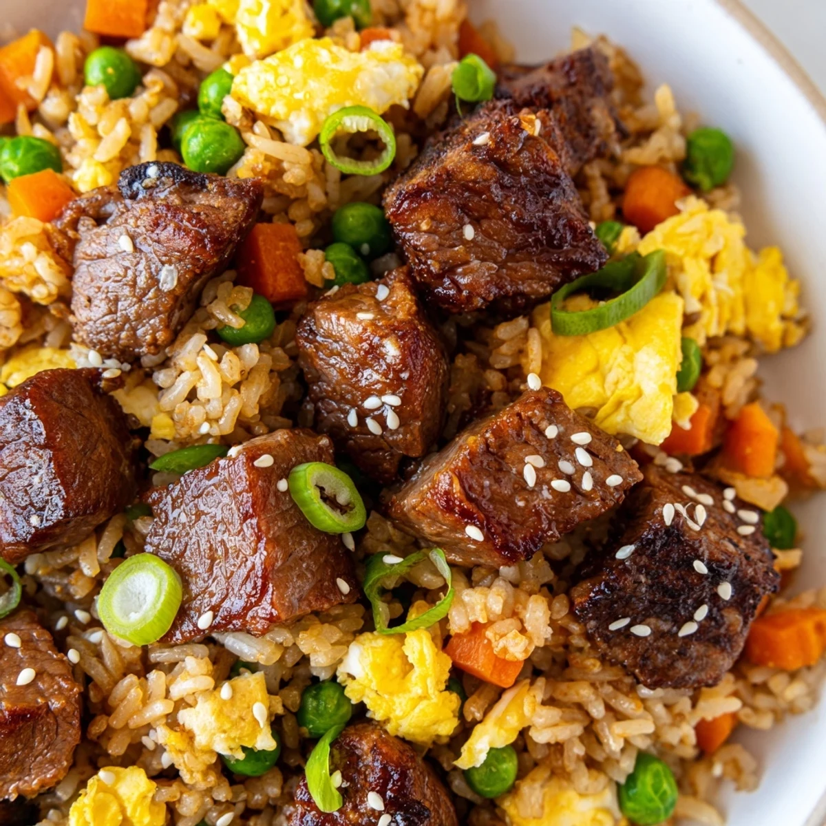 Sizzling Blackstone hibachi steak fried rice featuring tender beef cubes, colorful vegetables, and fluffy scrambled eggs on a griddle.