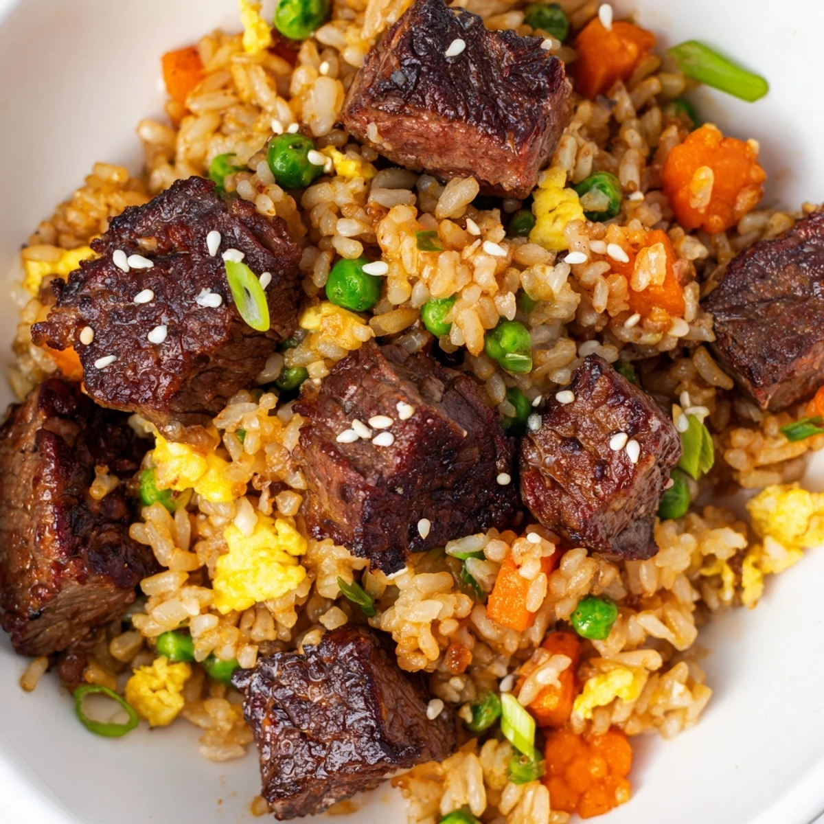 Steaming plate of hibachi steak fried rice garnished with sesame seeds and fresh green onions, showcasing tender meat and crisp veggies.