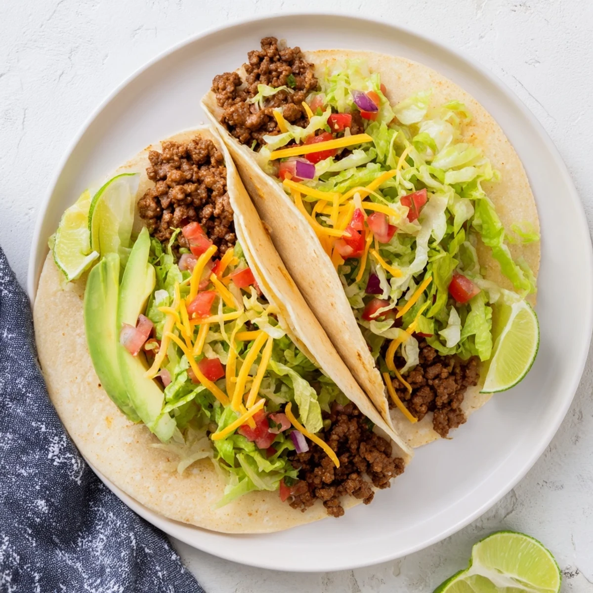 Golden corn tortillas piled high with juicy ground beef tacos topped with vibrant fresh pico de gallo and melted cheese