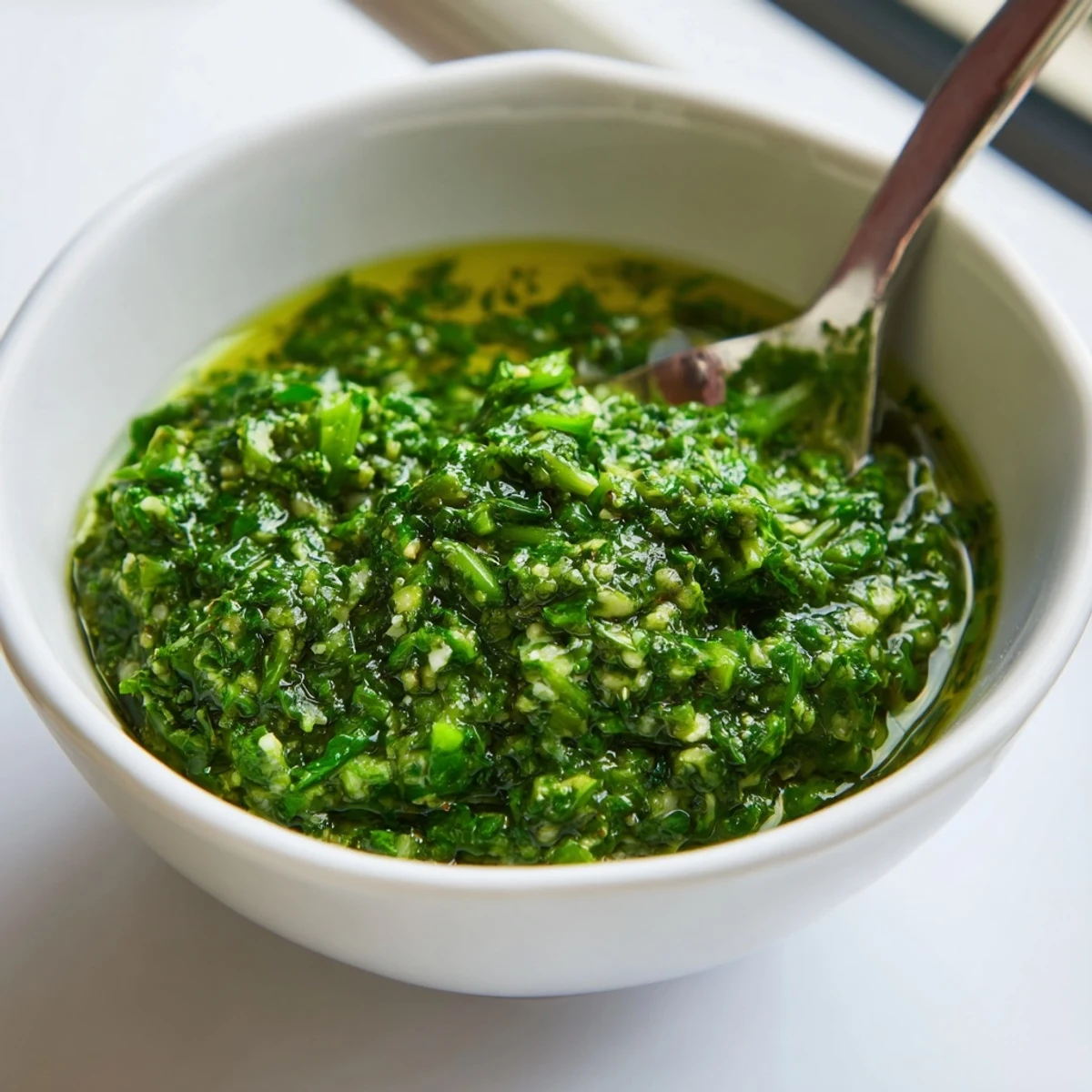 Vibrant green garlic scape chimichurri sauce drizzled over juicy grilled steak with fresh herbs visible